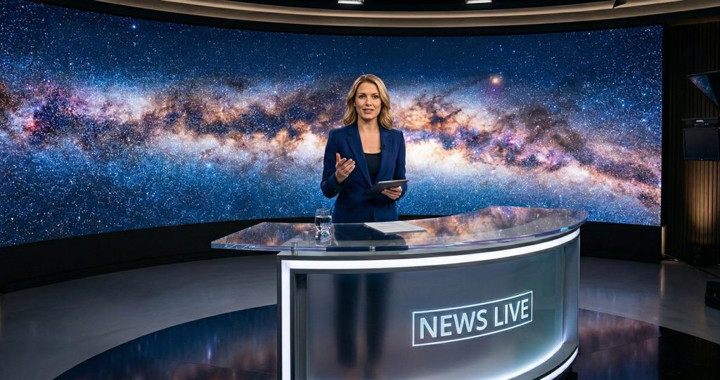 COB LED display in a broadcast studio with seamless panels and ultra HD Milky Way visuals
