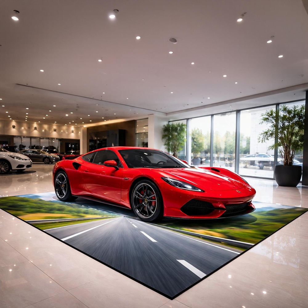 Red sports car on LED magic carpet display with highway scene in showroom