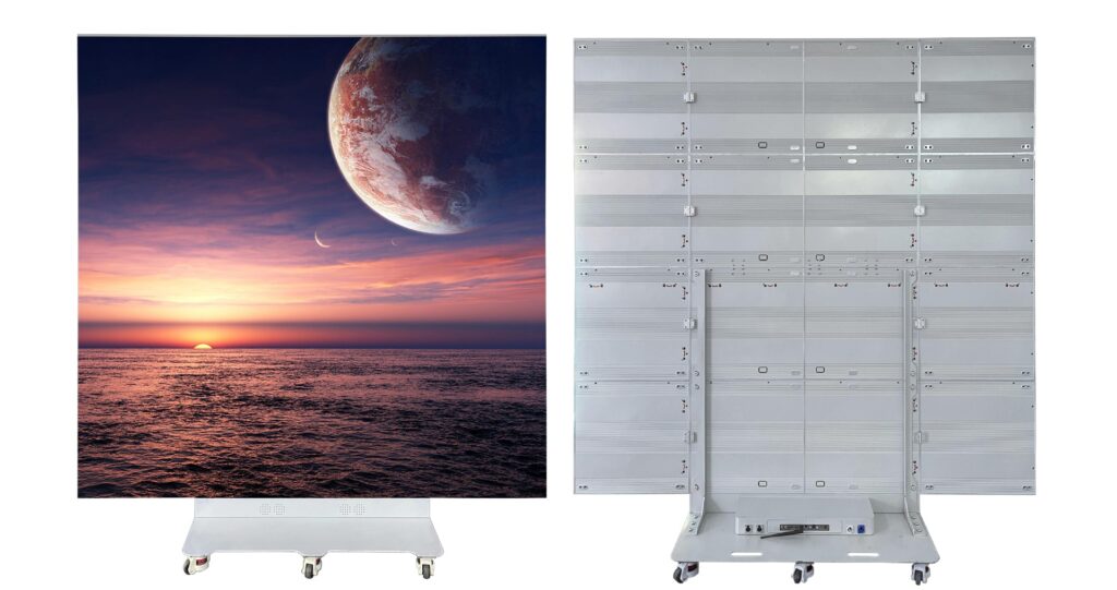 Front and rear views of the VNICE 2x2m 5-fold LED poster screen, showing the display and folding mechanical structure.